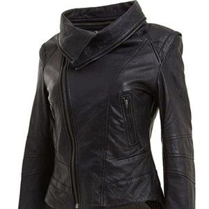 Women's black Mock Neck Leather Motorcycle Jacket